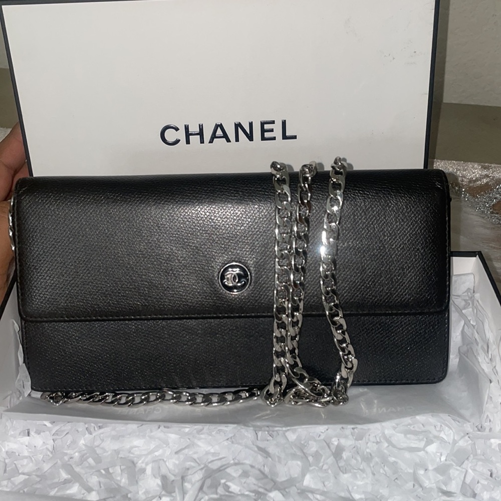 Coco CHANEL Black Leather Flap Long Wallet